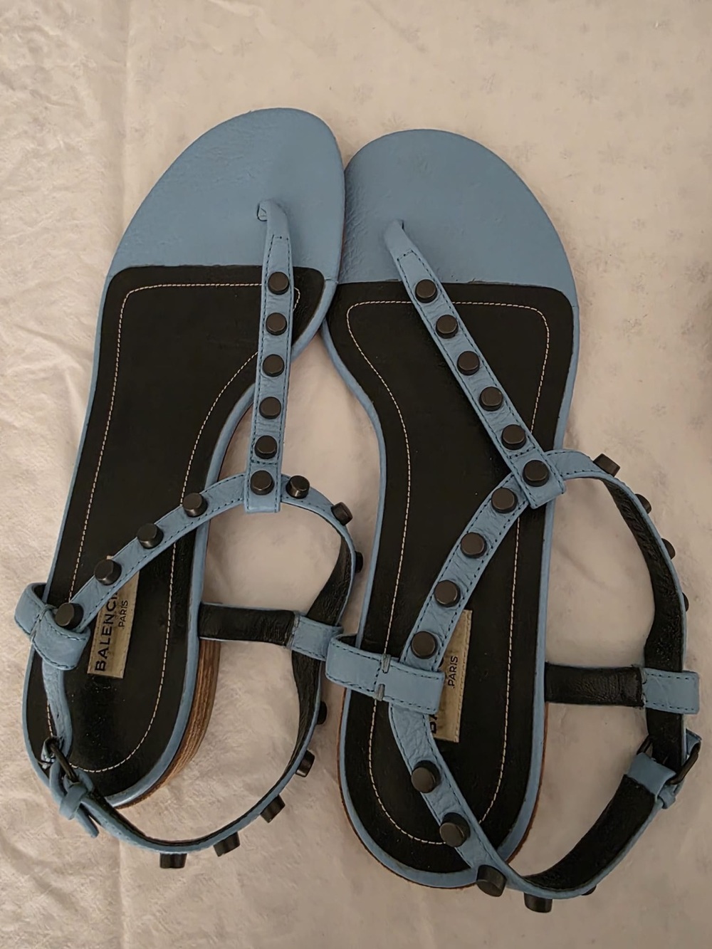 Balenciaga Light Blue and Black Studded T-Strap Sandals